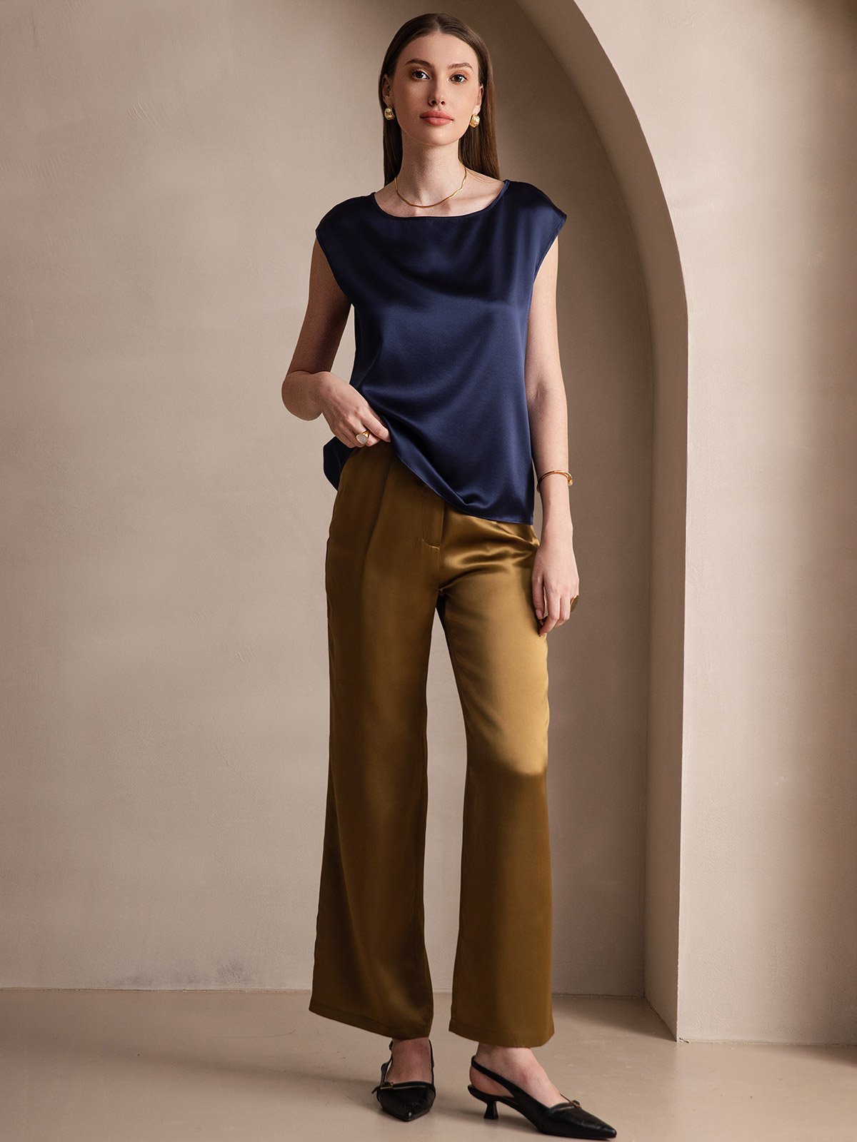 [Dunkelblau] SilkSilky-DE 19Momme Seide Womens T-Shirt 005