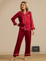 [Rotwein] SilkSilky-DE Langärmelig Notch-Kragen Damen Pyjamas 001