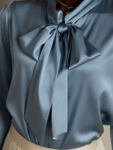 [Graublau] SilkSilky-DE 19Momme Langärmelig Schluppenkragen Bluse 008