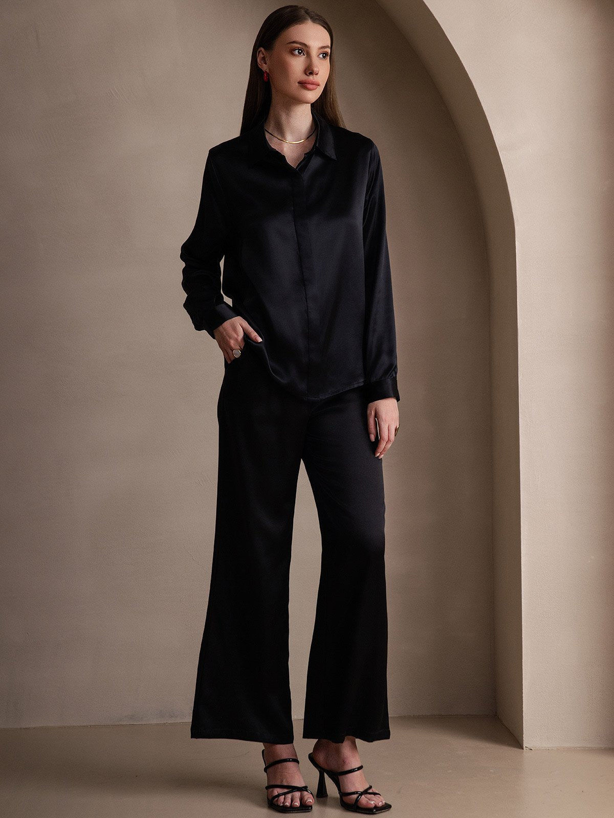 [Schwarz] SilkSilky-DE 19Momme Seide Langärmelig Umlegekragen Damenhemd 006