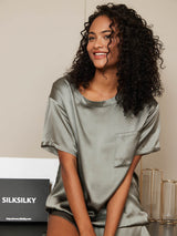 [Graugrün] SilkSilky-DE Kurzärmelig Rundhalsausschnitt Damen Pyjamas 005