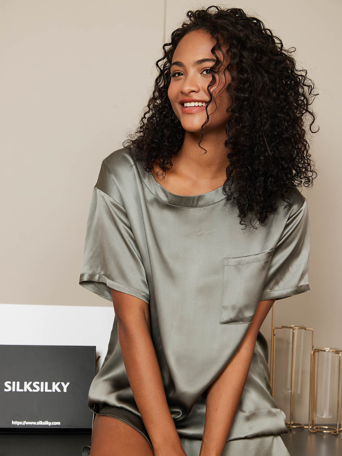 [Graugrün] SilkSilky-DE Reine Seide Womens Pajamas 006