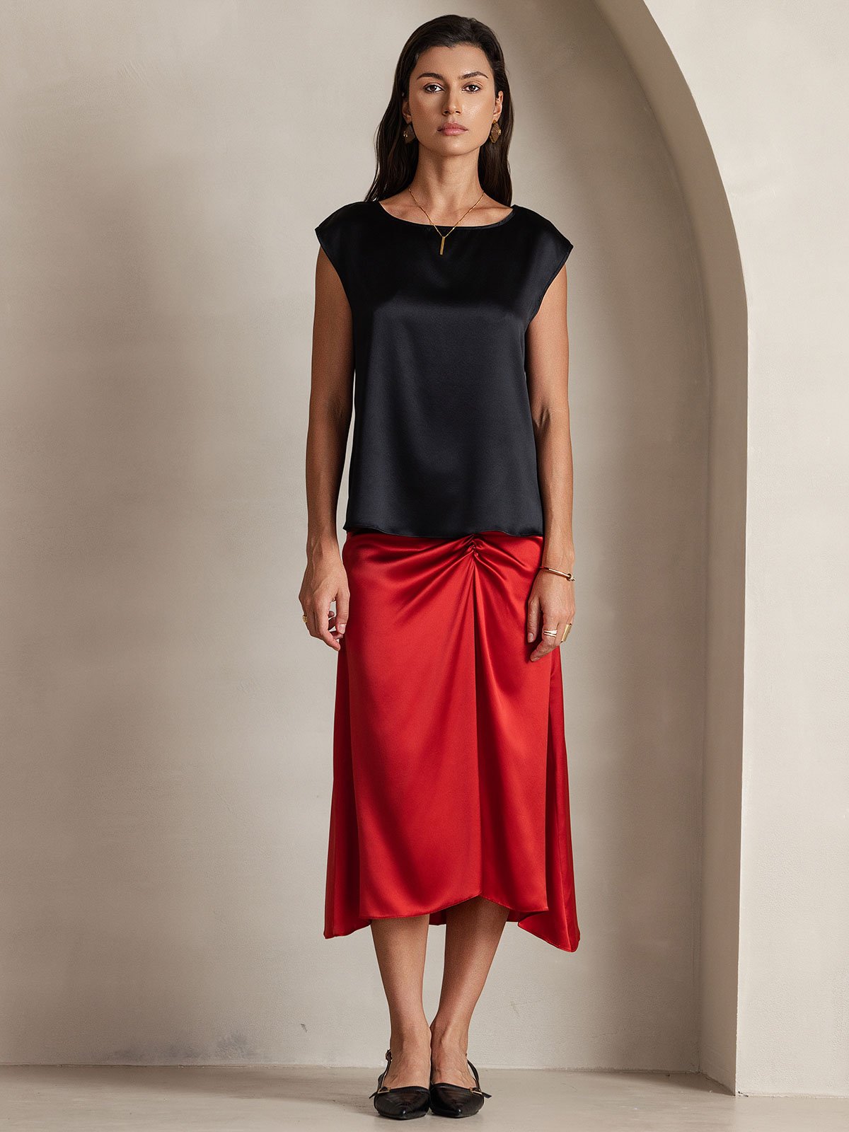 [Schwarz] SilkSilky-DE 19Momme Seide Womens T-Shirt 004