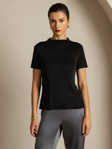 [Schwarz] SilkSilky-DE 100% Silk Jersey Short Sleeve Mock Neck T-Shirt 003