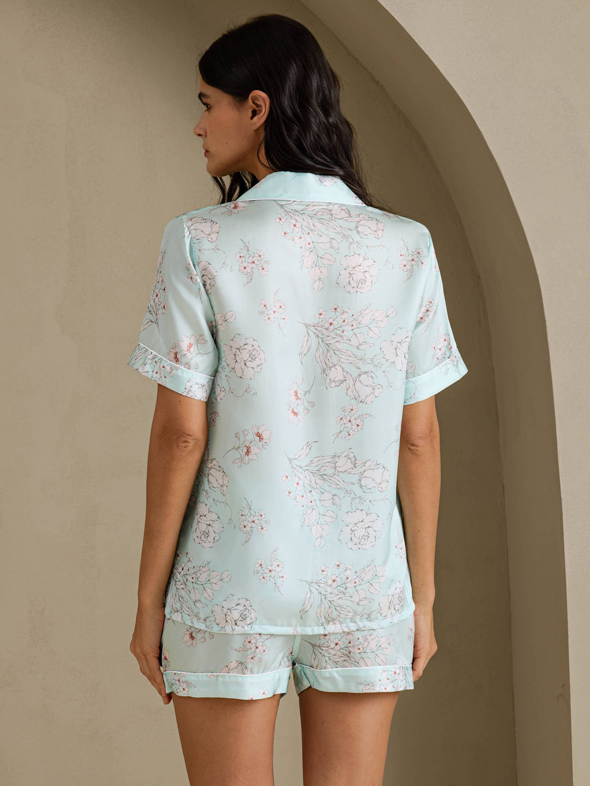 [Himmelblau Blumen] SilkSilky-DE Short Sleeve Notch Collar Damen Pyjamas 002