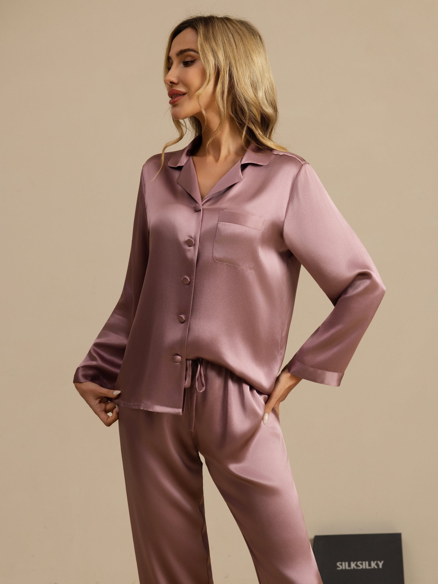 [Blasses Mauve] SilkSilky-DE Langärmelig Notch-Kragen Damen Pyjamas 004