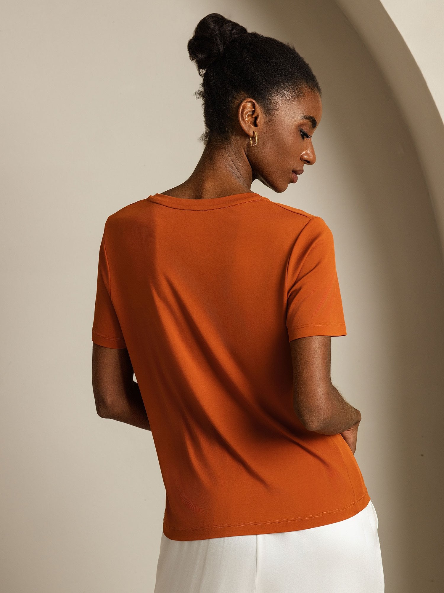 [Orange] SilkSilky-DE Reine Seide V Ausschnitt T-Shirt 002