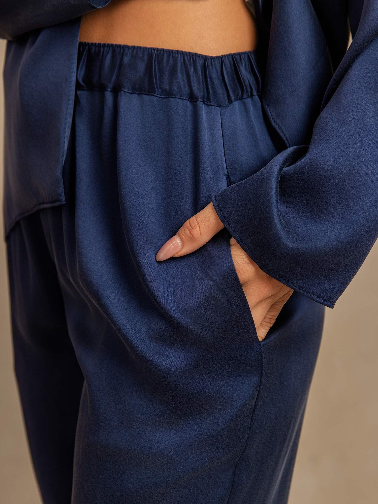 [Dunkelblau] SilkSilky-DE 19Momme Seide Umlegekragen Damen Pyjamas 005