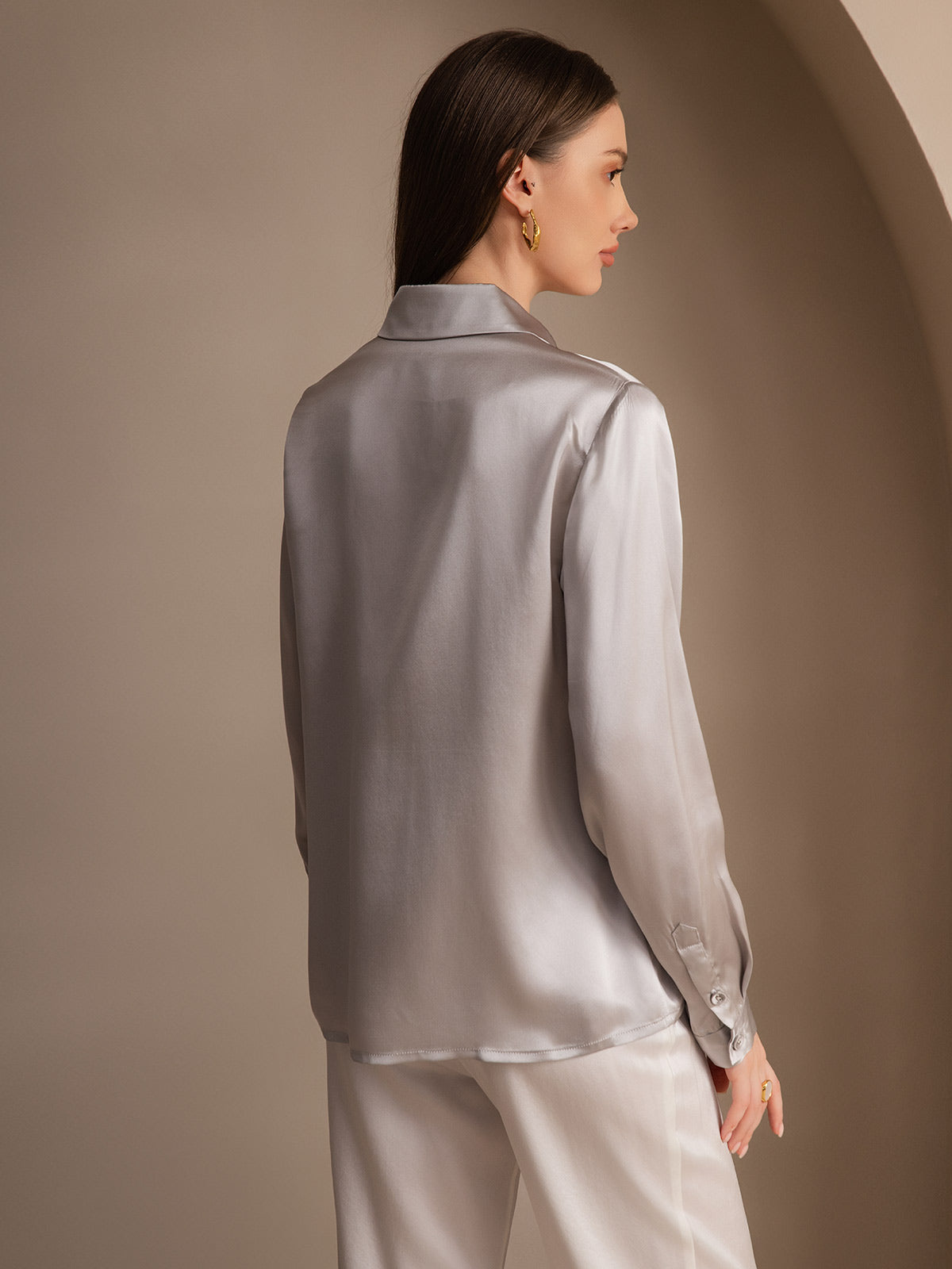 [Hellgrau] SilkSilky-DE 19Momme Seide Lapel Collar Damenhemd 002