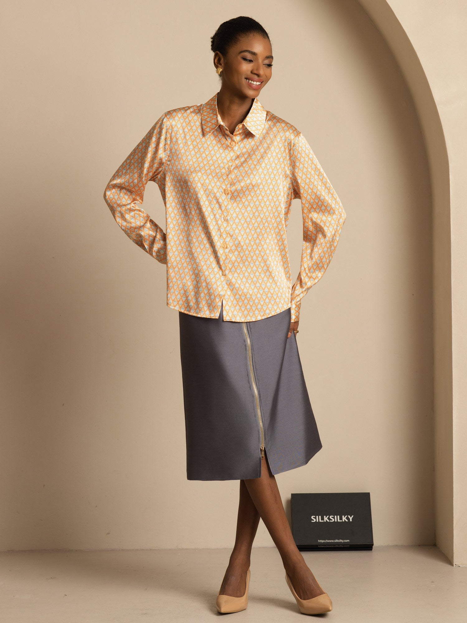 [Floral] SilkSilky-DE Seide Langärmelig Umlegekragen Damenhemd 006