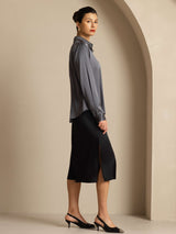 [Dunkelgrau] SilkSilky-DE Long Sleeve Lapel Collar Damenhemd 009
