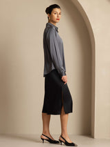 [Dunkelgrau] SilkSilky-DE Long Sleeve Lapel Collar Damenhemd 009