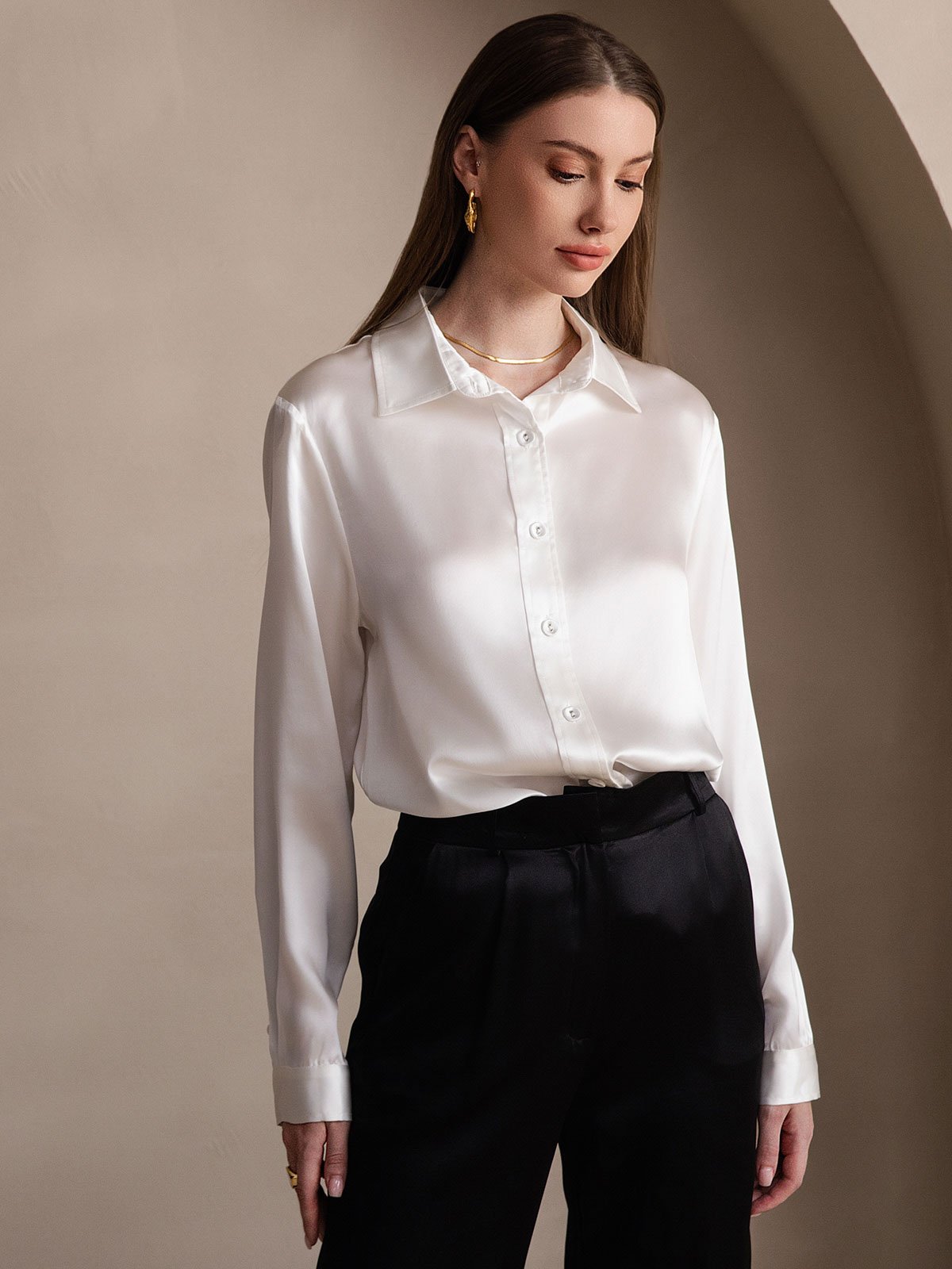 SilkSilky-DE 19Momme Seide Langärmelig Umlegekragen Damenhemd Weiß 001