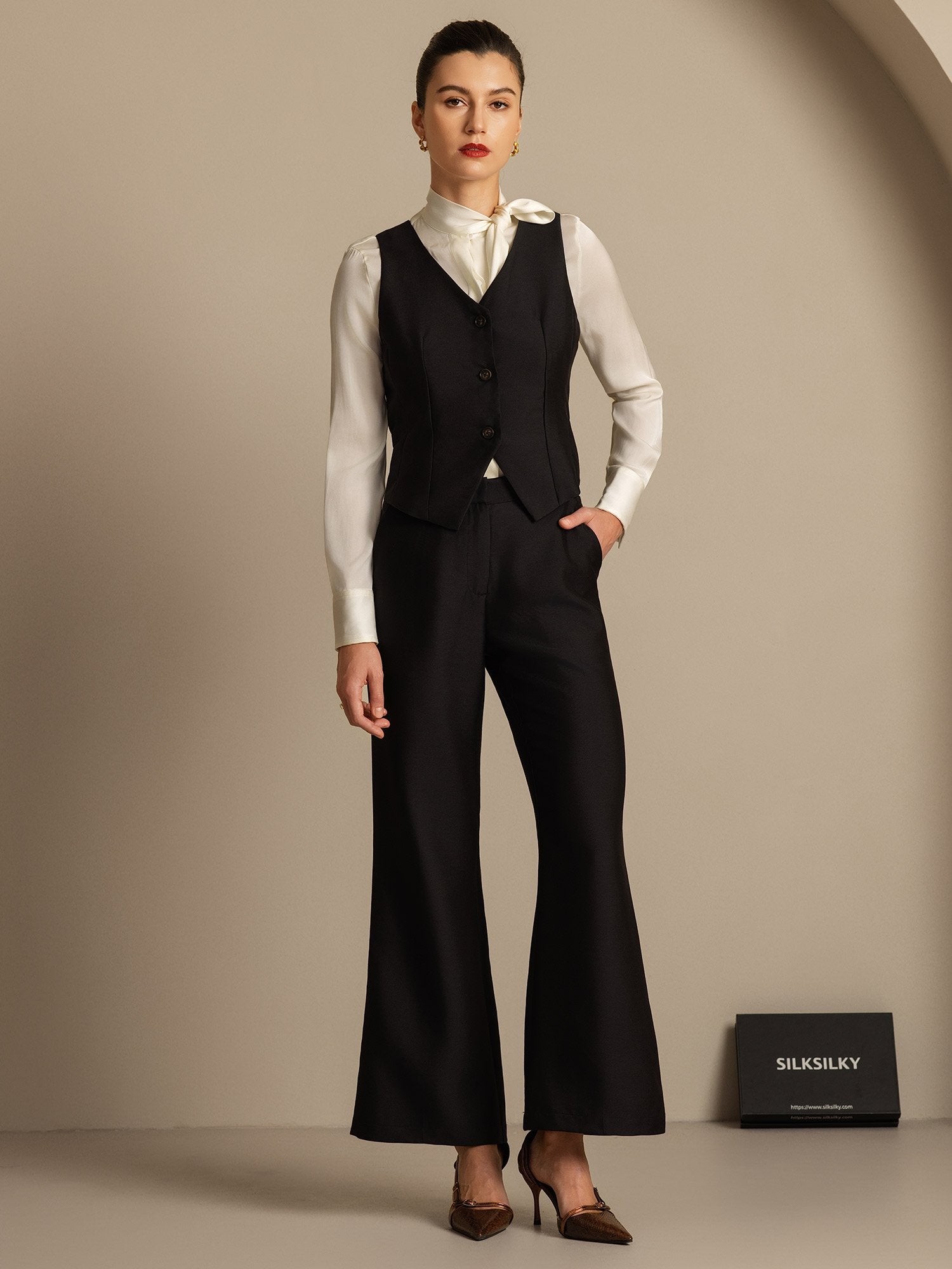 [Bronze] SilkSilky-DE 32Momme Silk-Wool Blend V Ausschnitt Damenweste 008,