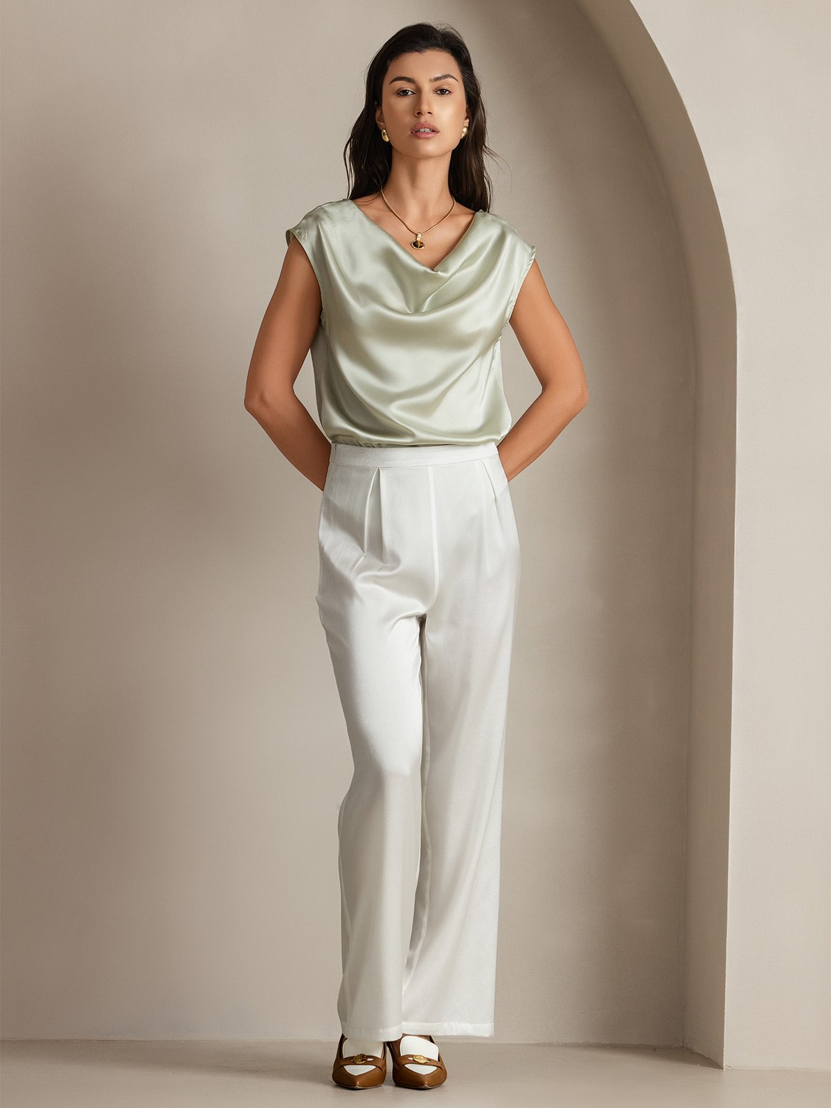 [Hellgrün] SilkSilky-DE 19Momme Seide Ärmellos Wasserfallausschnitt T-Shirt 005