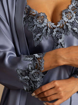 [Stahlblau] SilkSilky-DE Reine Seide 3/4-lange Ärmel V Ausschnitt Damen Pyjamas 004