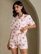 [Weißer Lippenstift] SilkSilky-DE Short Sleeve Notch Collar Damen Pyjamas 003