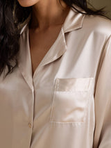 [Beige] SilkSilky-DE Long Sleeve Lapel Collar Schlafhemd 004