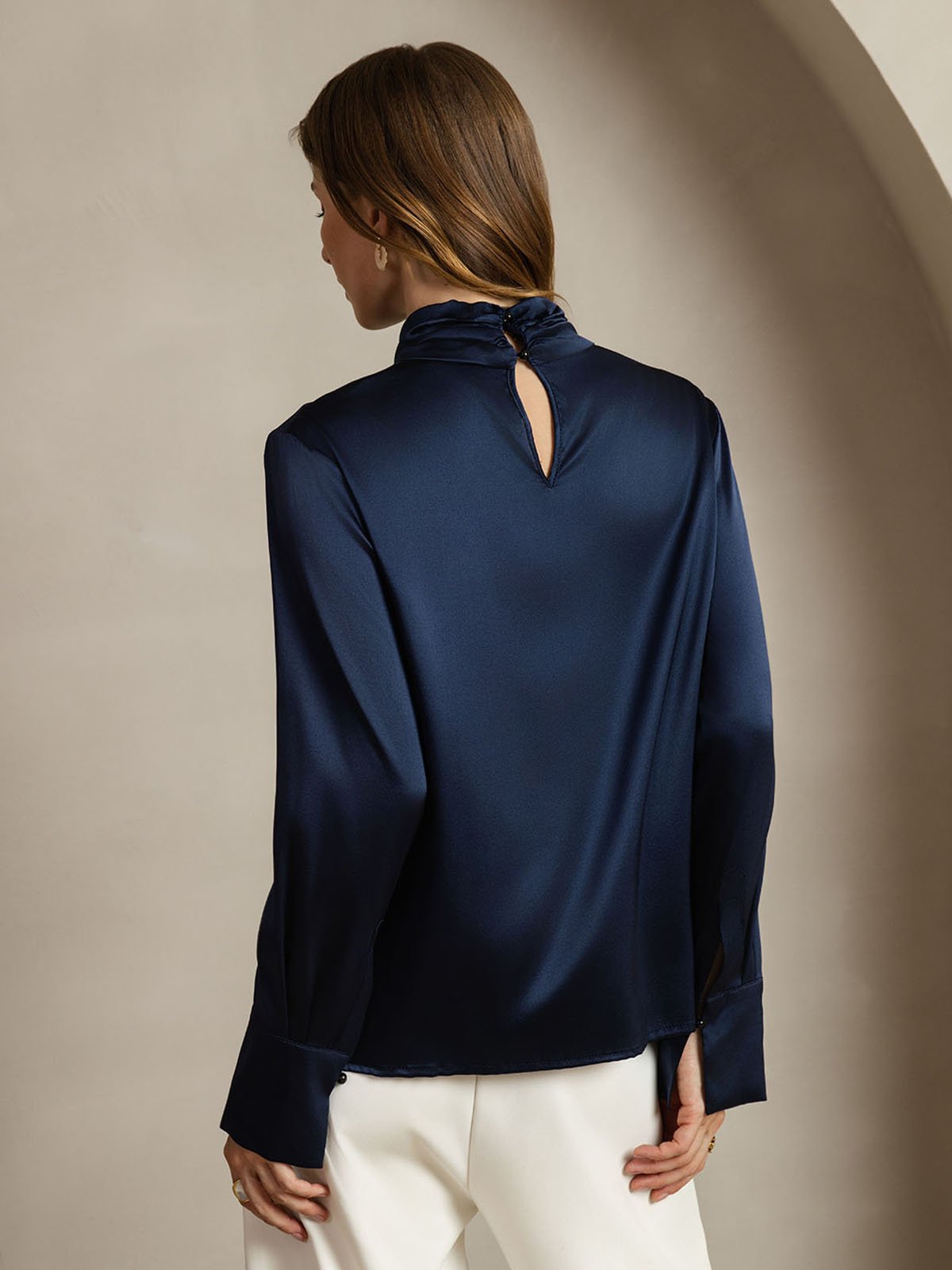 [Dunkelblau] SilkSilky-DE Long Sleeve Keyhole Neck Damenblusen 002