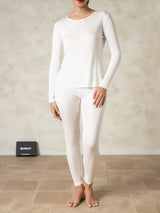 [Weiß] SilkSilky-DE Langärmelig Rundhalsausschnitt Damen Lange Unterwäsche 001
