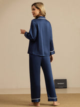 [Dunkelblau] SilkSilky-DE Langärmelig Notch-Kragen Damen Pyjamas 002