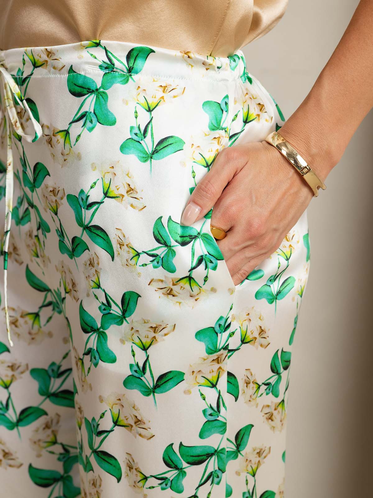 [Grün Blumen] SilkSilky-DE 19Momme Seide Womens Pants 004