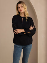 [Schwarz] SilkSilky-DE Long Sleeve Keyhole Neck Damenblusen 005