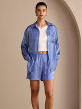 [Blaues Nadelstreifen] SilkSilky-DE Long Sleeve Lapel Collar Women's Outfit Sets 004
