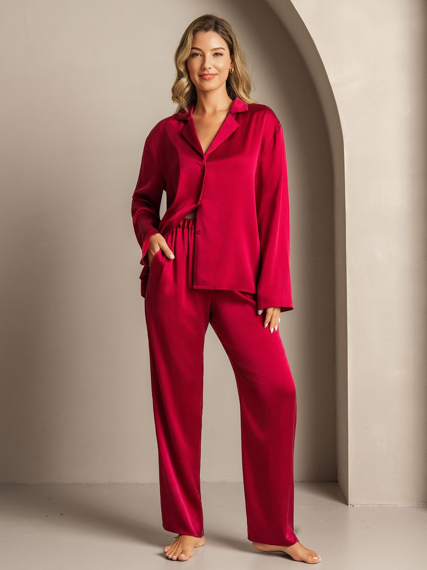 [Rotwein] SilkSilky-DE 19Momme Seide Umlegekragen Damen Pyjamas 005