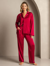 [Rotwein] SilkSilky-DE 19Momme Langärmelig Notch-Kragen Damen Pyjamas 005