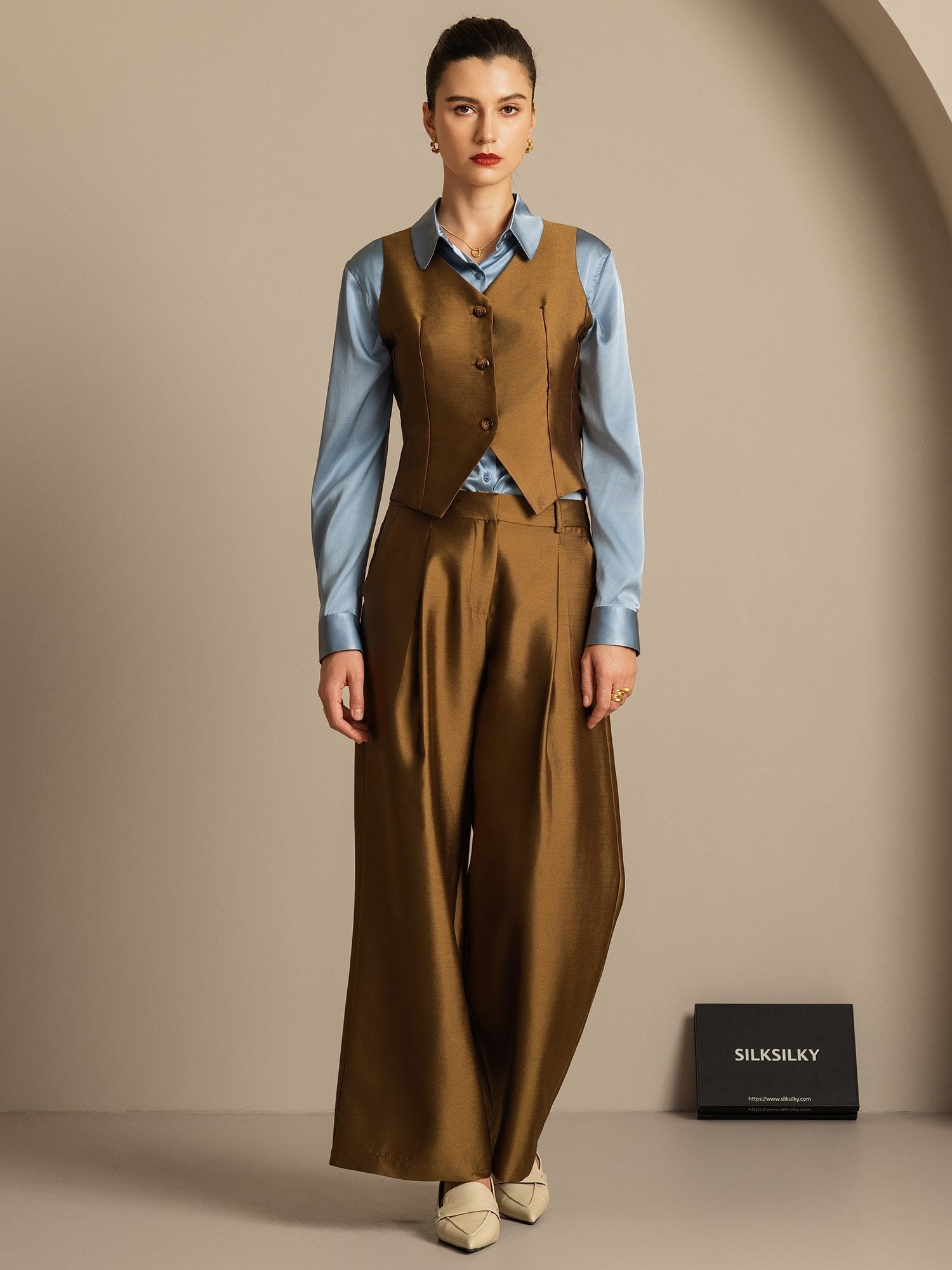 [Grau] SilkSilky-DE 32Momme Silk-Wool Blend V Ausschnitt Damenweste 007,