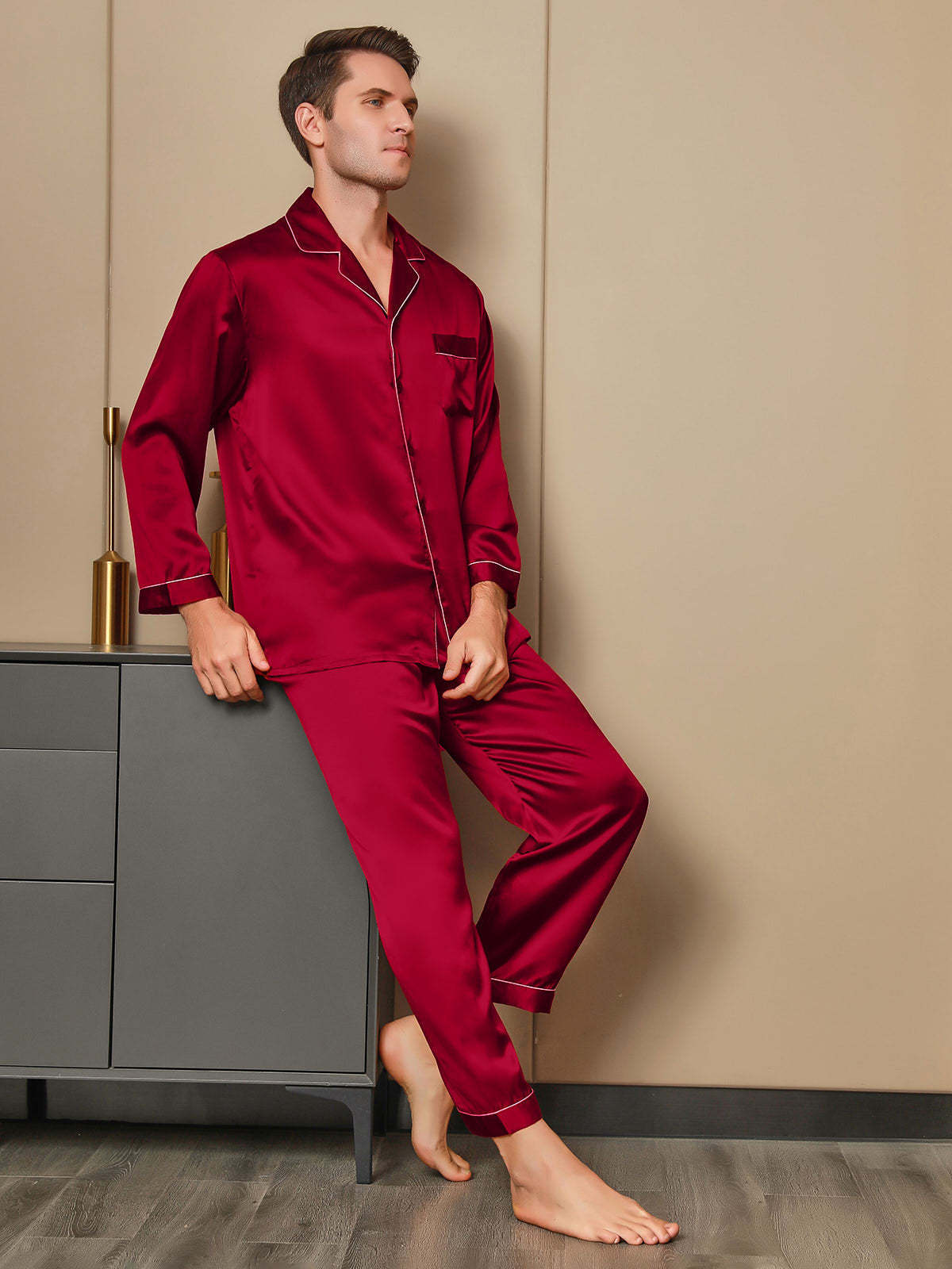 [Rot] SilkSilky-DE 19Momme Reine Seide Mens Pajamas 001