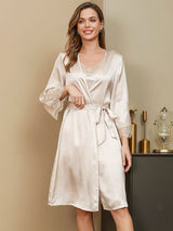 [Elfenbeinfarbe] SilkSilky-DE Reine Seide 3/4-lange Ärmel Womens Robe 001