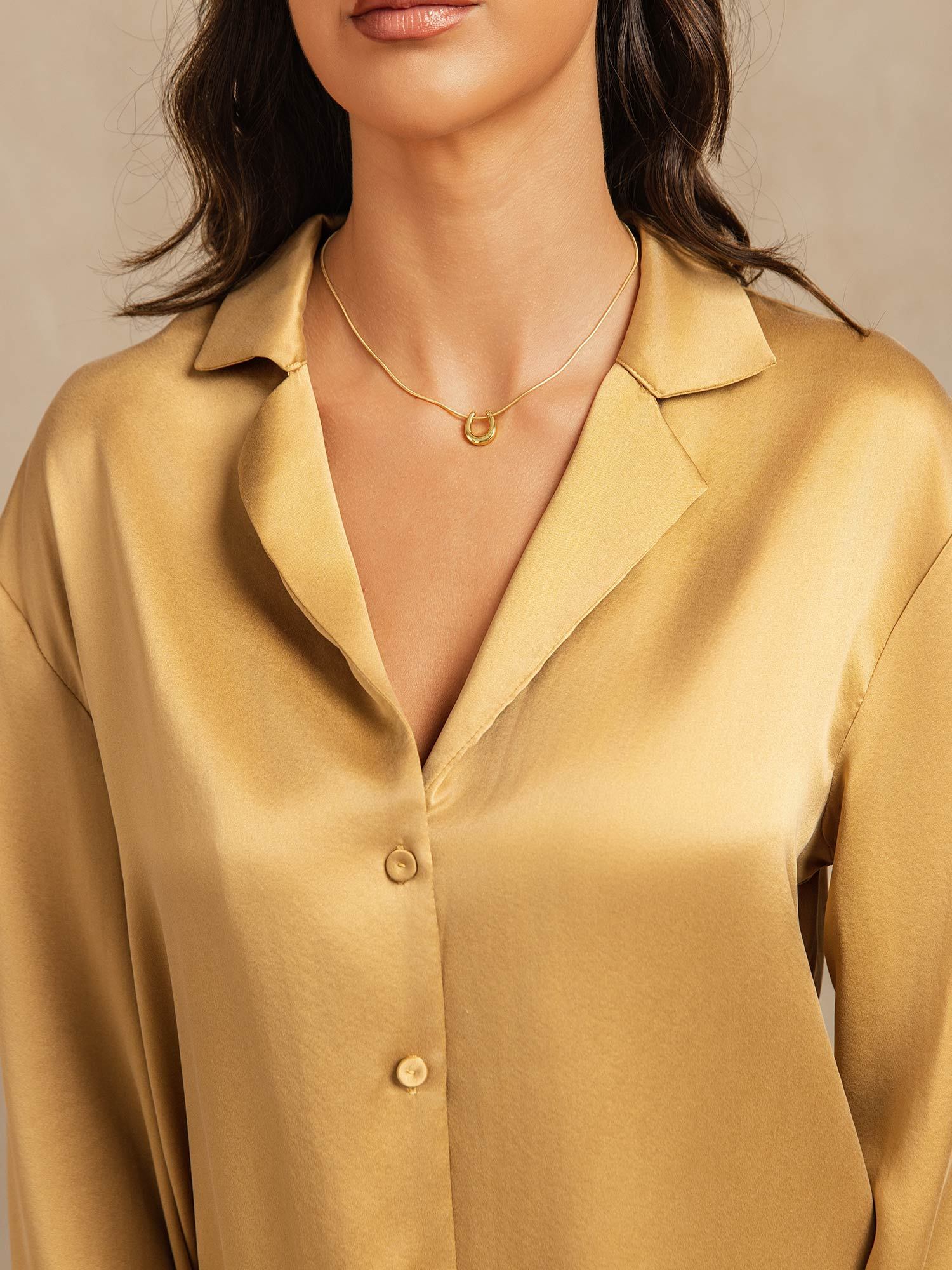 [Tan] SilkSilky-DE 19Momme Seide Umlegekragen Damen Pyjamas 004