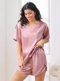 SilkSilky DE Reine Seide Kurzärmelig Rundkragen Damen Pyjamas BlassesMauve 004