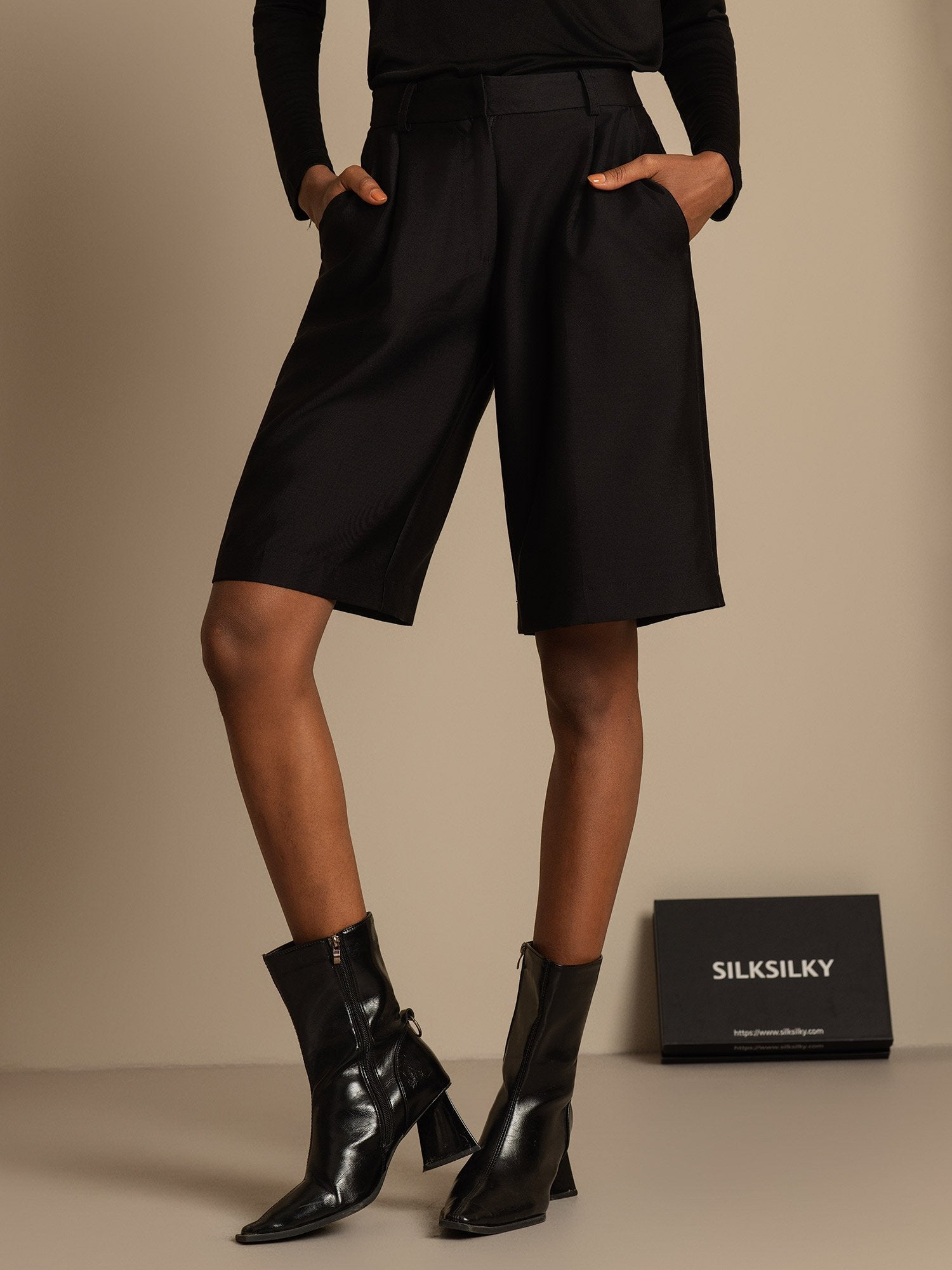 [Schwarz] SilkSilky-DE 32Momme Silk-Wool Blend Womens Shorts 001,