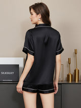 [Schwarz] SilkSilky-DE Short Sleeve Notch-Kragen Damen Pyjamas 002
