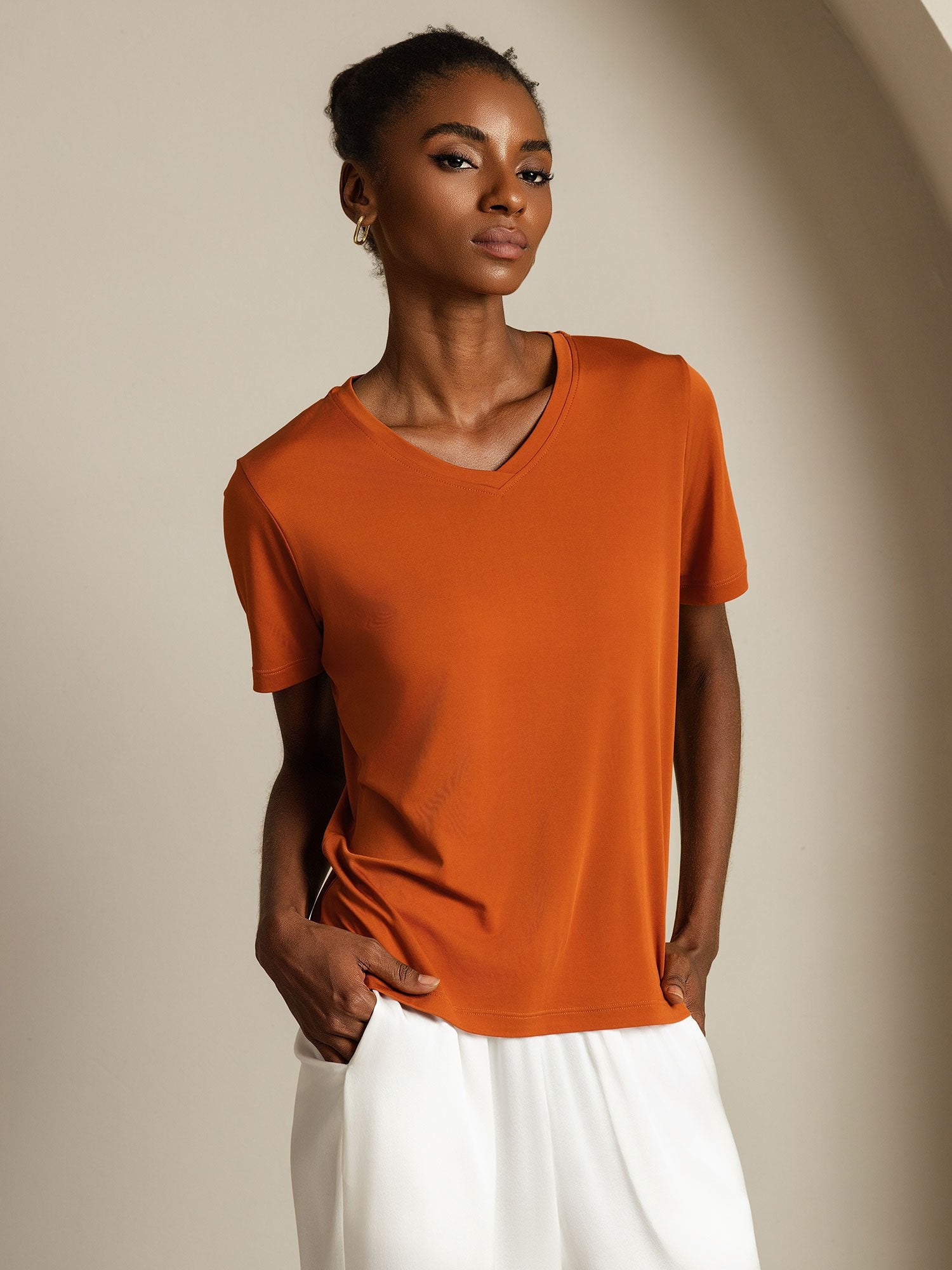 [Orange] SilkSilky-DE Reine Seide V Ausschnitt T-Shirt 006