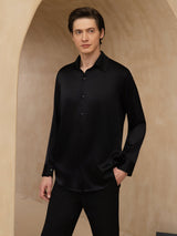 [Schwarz] SilkSilky-DE 19Momme Langärmelig Lapelkragen Herrenhemd 001