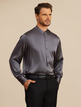 [Dunkelgrau] SilkSilky-DE Long Sleeve Stand Collar Herrenhemd 005