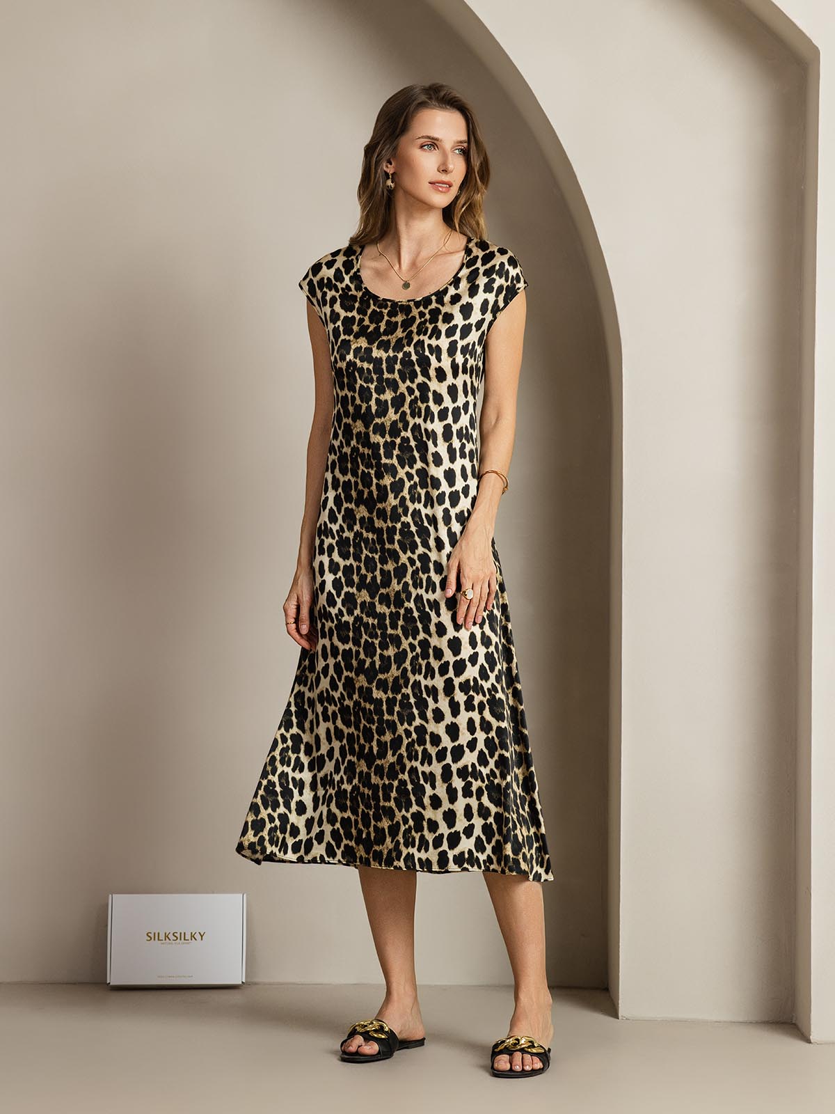 [Leopard] SilkSilky-DE 19Momme Seide Dress 008,