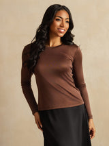 [Kaffee] SilkSilky-DE Long Sleeve Crew-Ausschnitt T-Shirt 003
