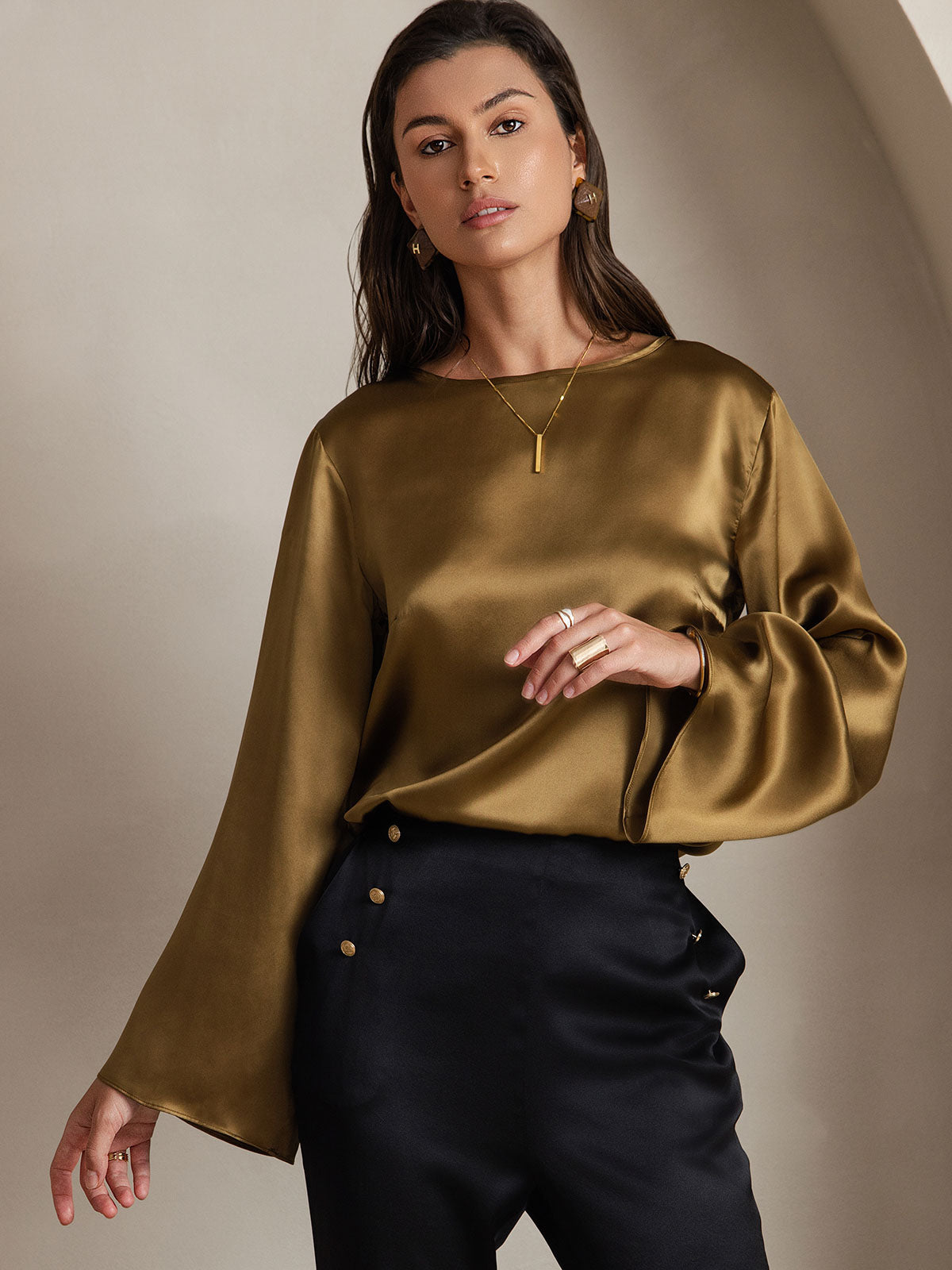 [Braun] SilkSilky-DE 19Momme Seide Langärmelig Blouse 001