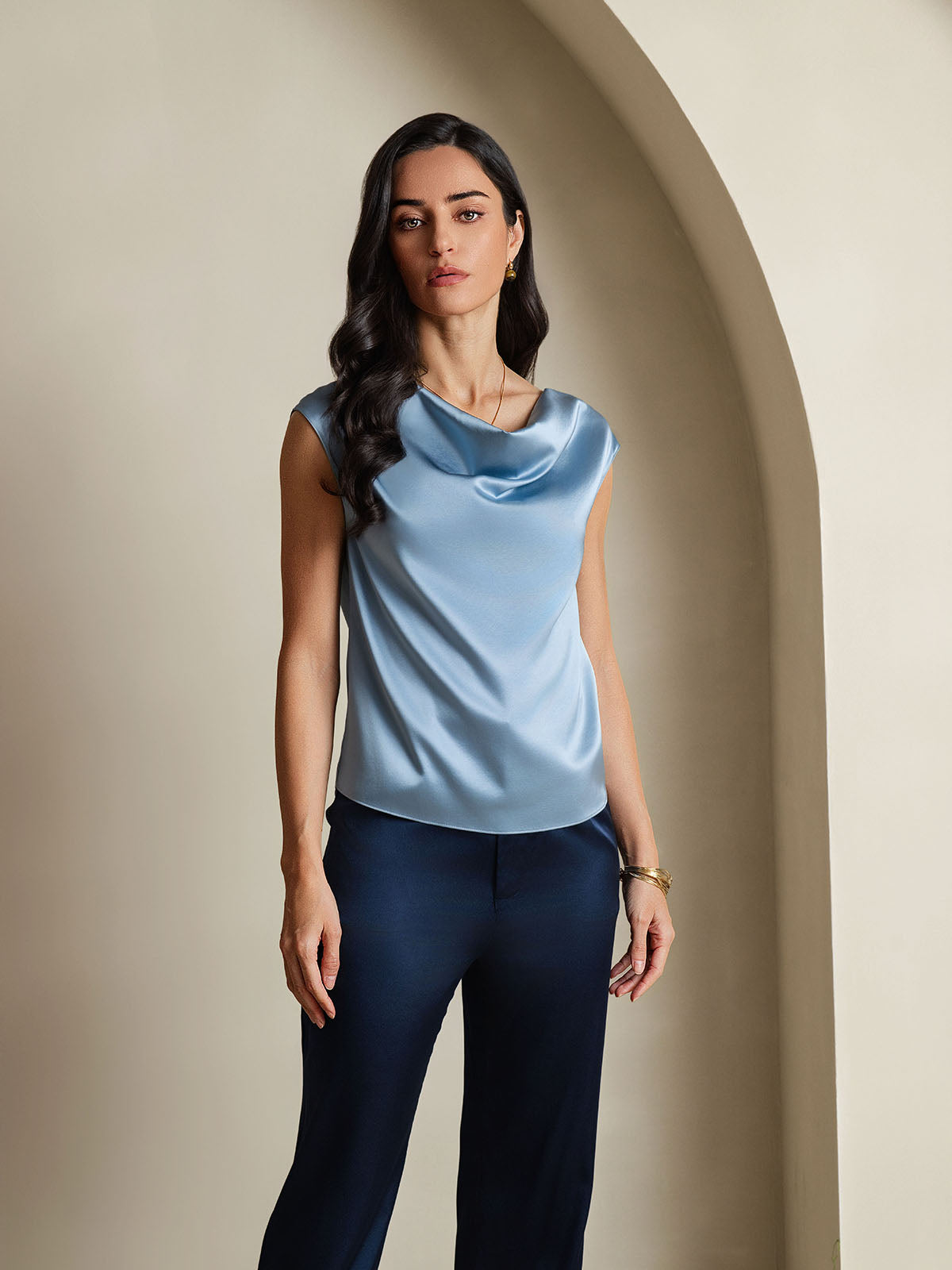 [Graublau] SilkSilky-DE 19Momme Seide Ärmellos Wasserfallausschnitt T-Shirt 001