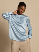 [Graublau] SilkSilky-DE 19Momme Langärmelig Rundhalsausschnitt Bluse 001