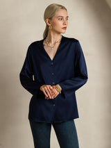 [Dunkelblau] SilkSilky-DE 19Momme Langärmelig V Ausschnitt Bluse 005