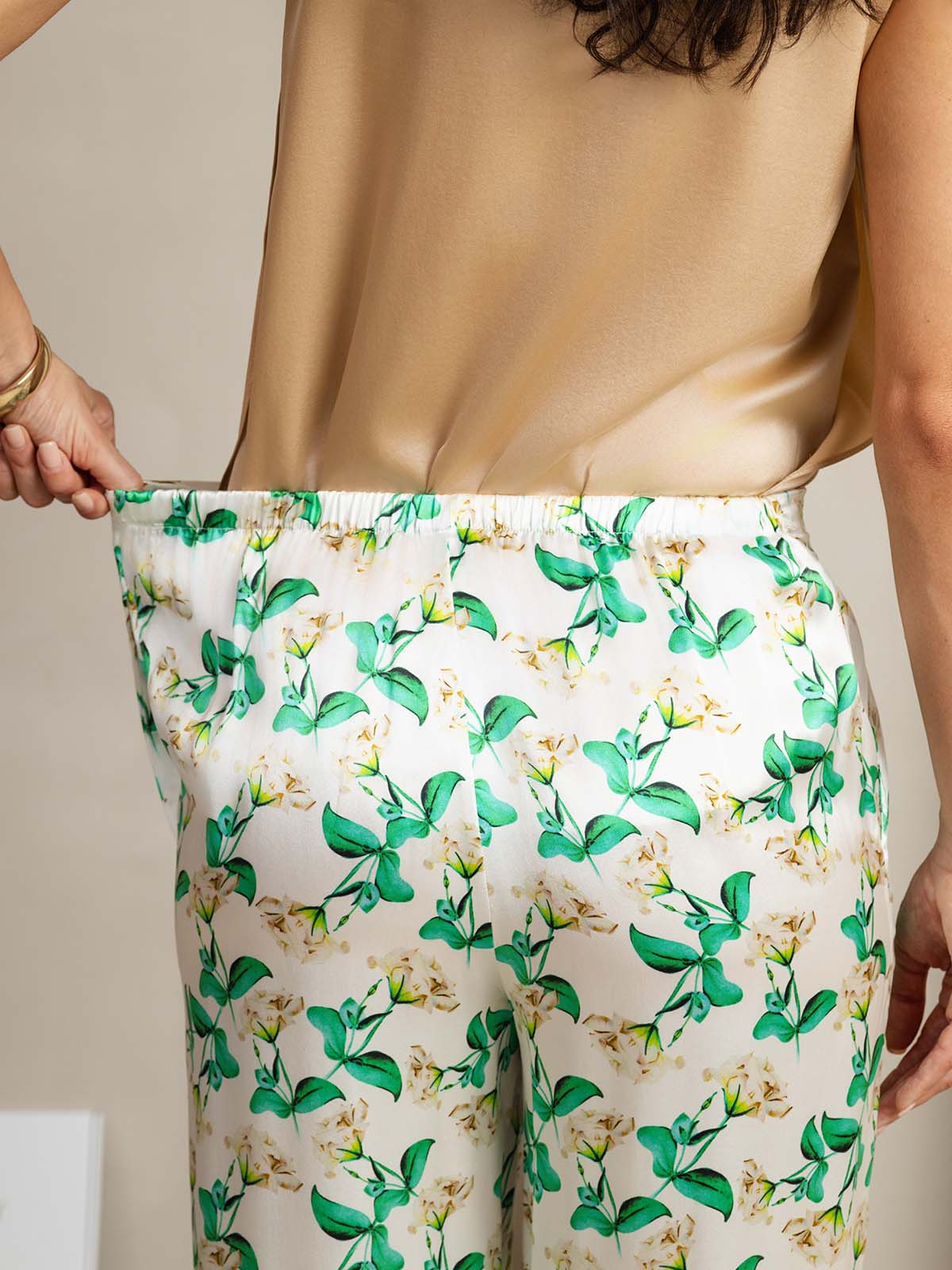 [Grün Blumen] SilkSilky-DE 19Momme Seide Womens Pants 005