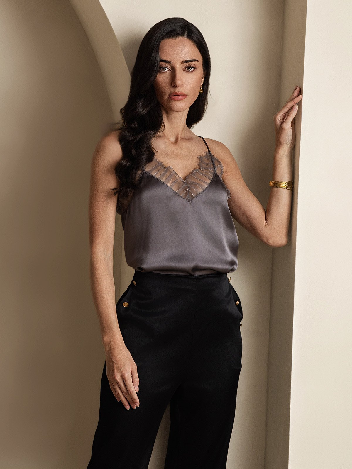 [Lilagrau] SilkSilky-DE Seide V Ausschnitt Cami Top 005,