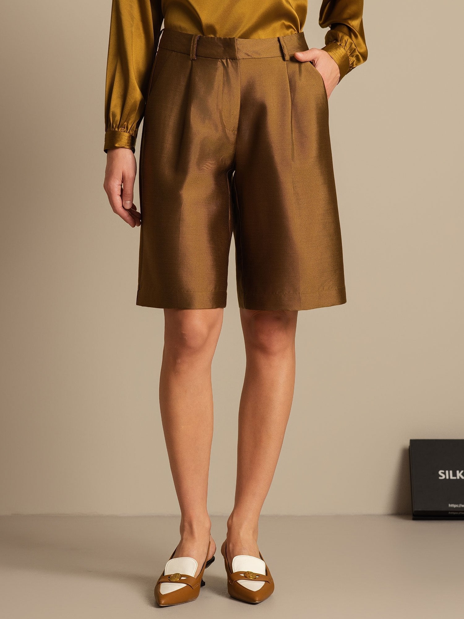 [Bronze] SilkSilky-DE 32Momme Silk-Wool Blend Womens Shorts 003,