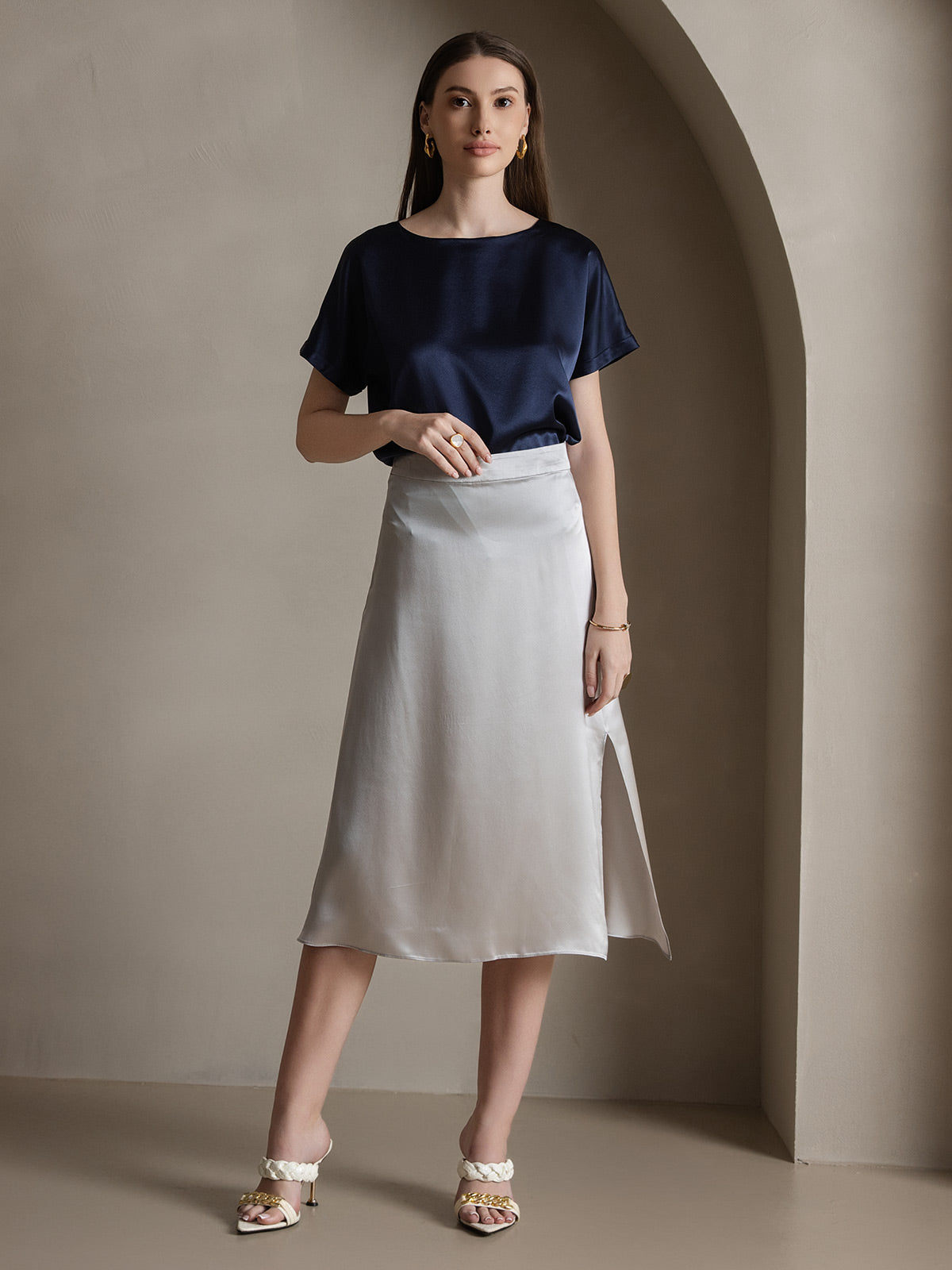 [Hellgrau] SilkSilky-DE 19Momme Seide Skirt 002